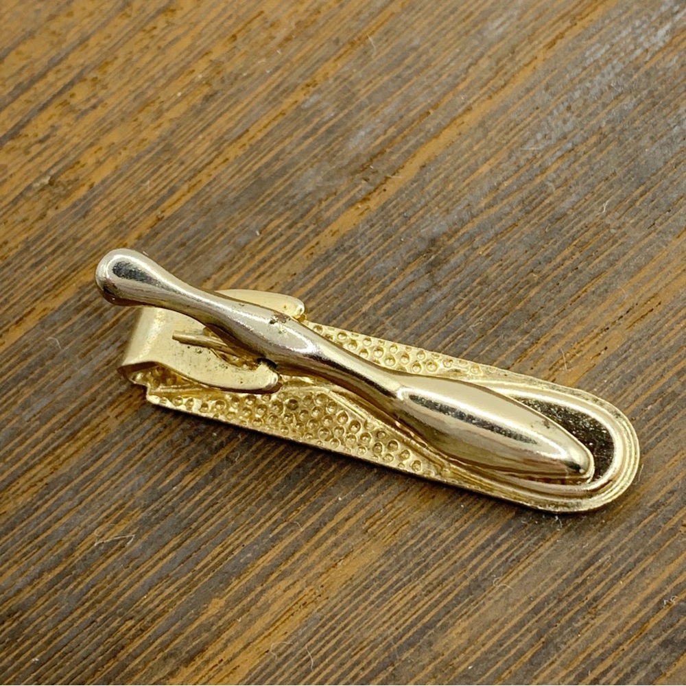 Vintage MCM mother of pearl inlay textured gold tone tie bar clip - Picture 4 of 6
